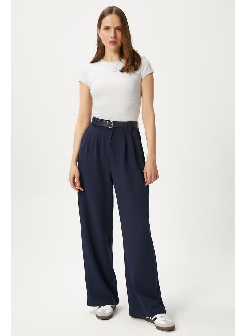 Ritnice Women's Rena Belted Lycra Navy Blue Palazzo Trousers - Image 3